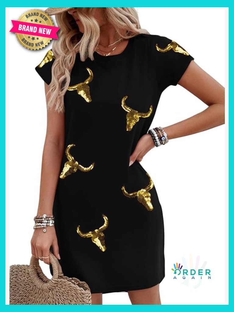 Western Sequin Cowgirl Mini Dress Casual Summer Tshirt Style Y2k Chic